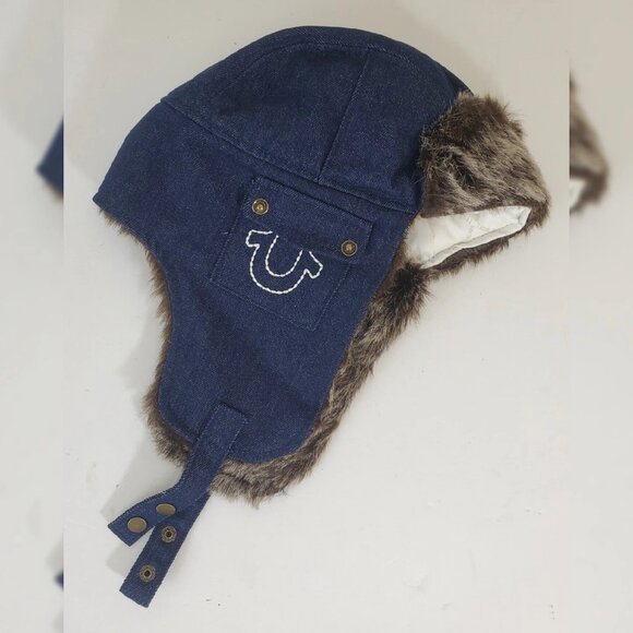 TRUE RELIGION DENIM FAUX FUR TRAPPER AVIATOR HAT STITCHED HORSESHOE LOGO POCKET - Picture 3 of 6
